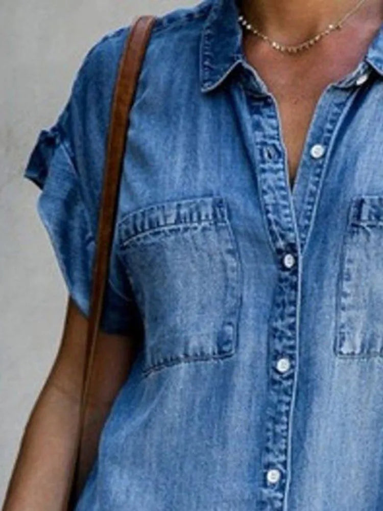 Robe Tunique Chemise en Jean manches courtes et poches