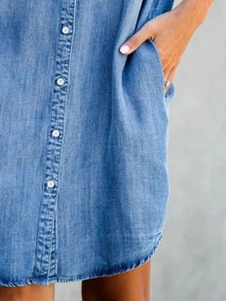 Robe Tunique Chemise en Jean manches courtes et poches