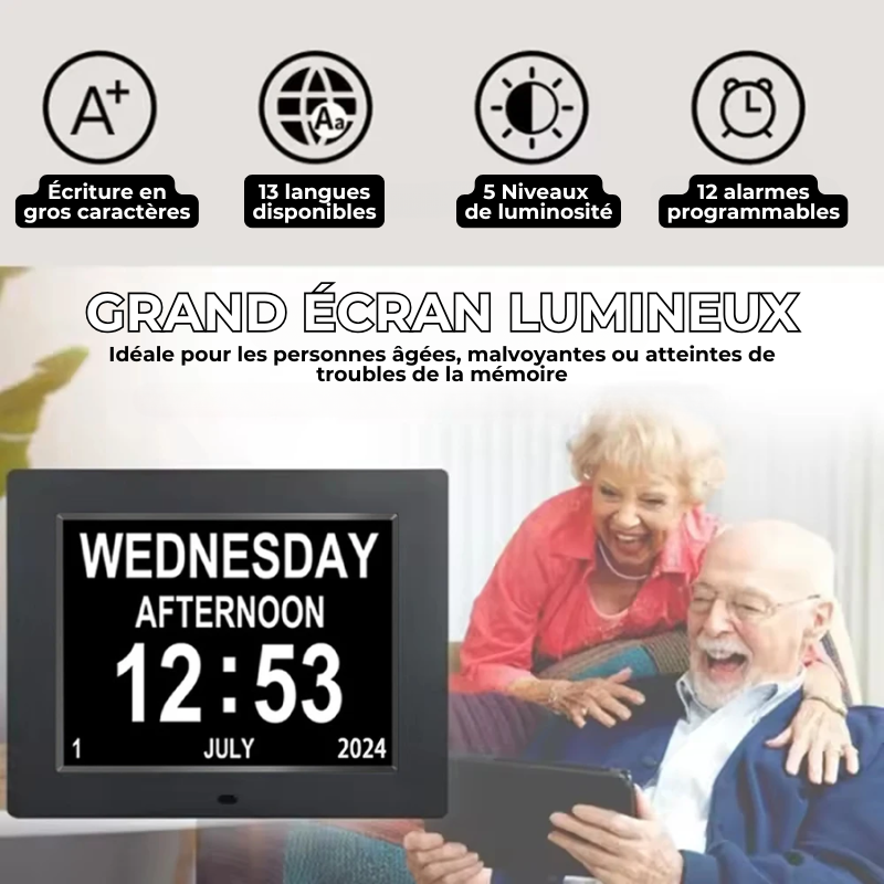 Horloge Digitale Grand Écran et 12 alarmes – Rappel Médical Senior