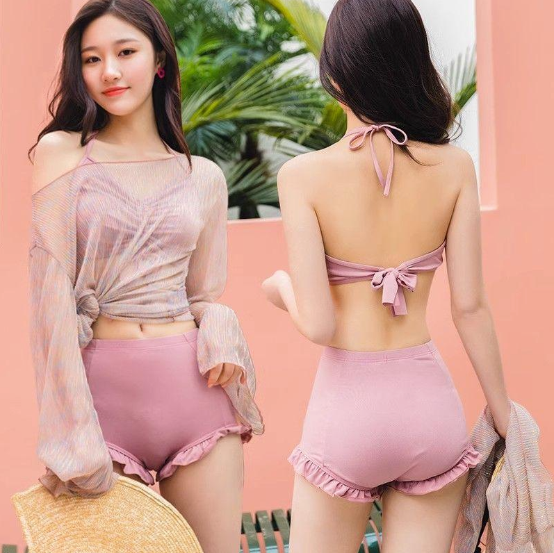 Maillot de Bain 3PC Shorty à Volant avec Top en Maille