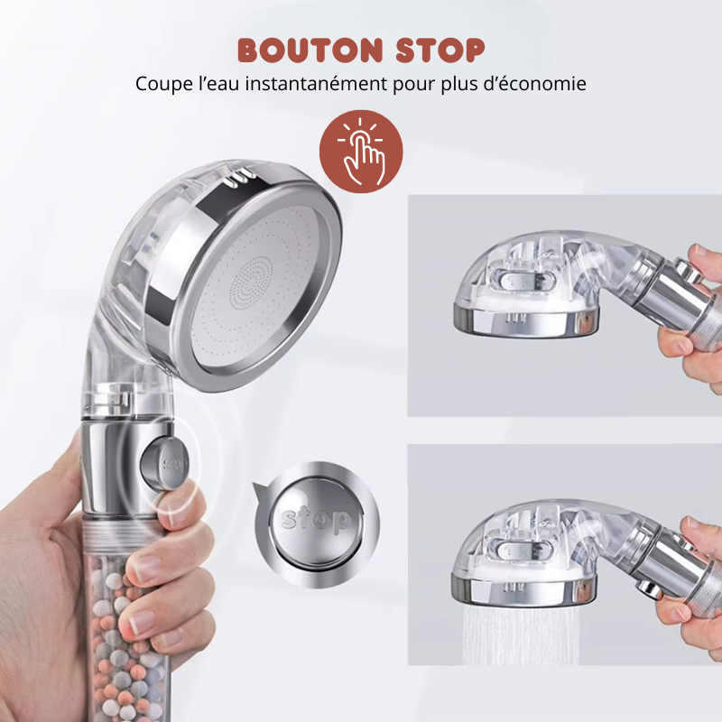 Pommeau de Douche Écologique Haute Pression 3 Jets Relaxants - Recharge Billes OFFERTE