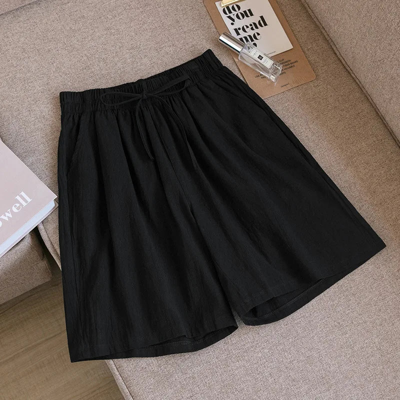 Short en Coton Ample à Taille Élastique avec Cordon