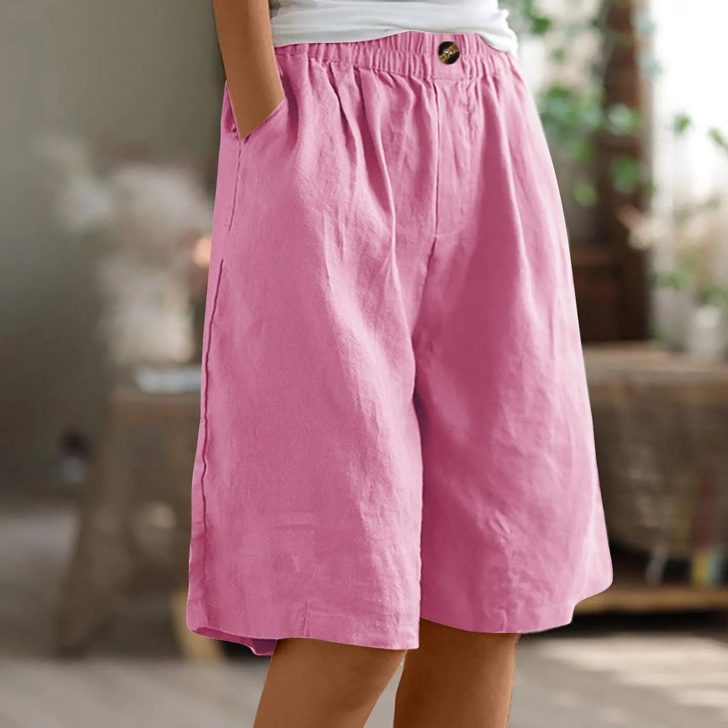Short Long Femme Coton & Lin Taille Élastique
