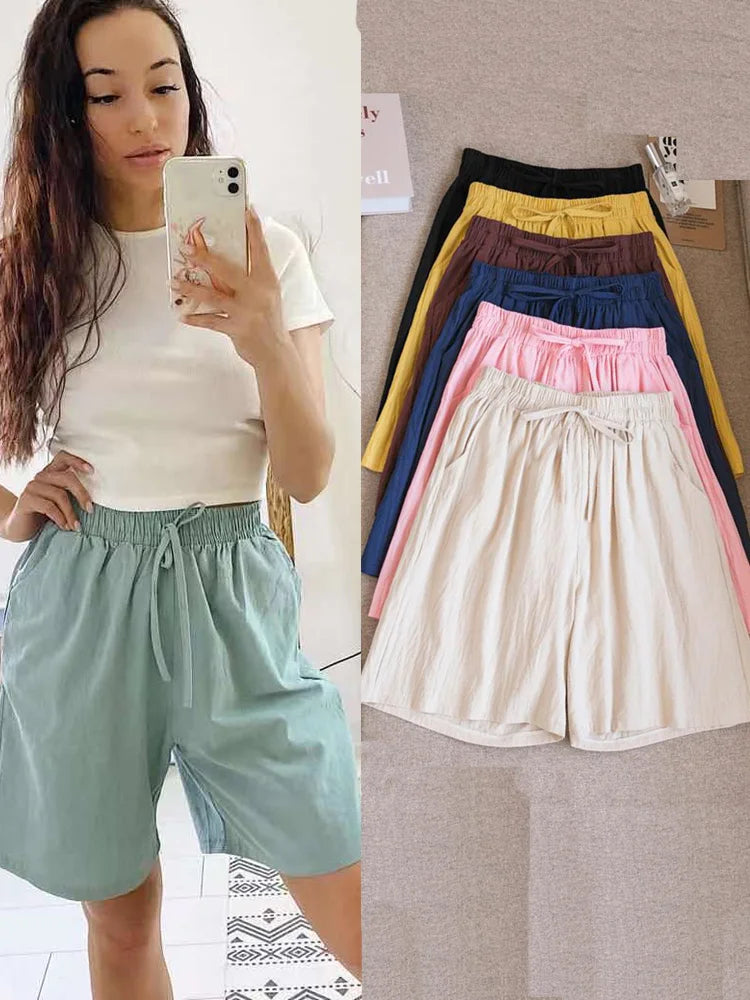 Short en Coton Ample à Taille Élastique avec Cordon