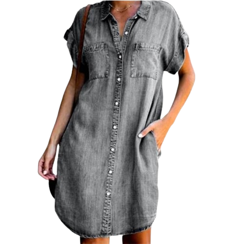 Robe Tunique Chemise en Jean manches courtes et poches
