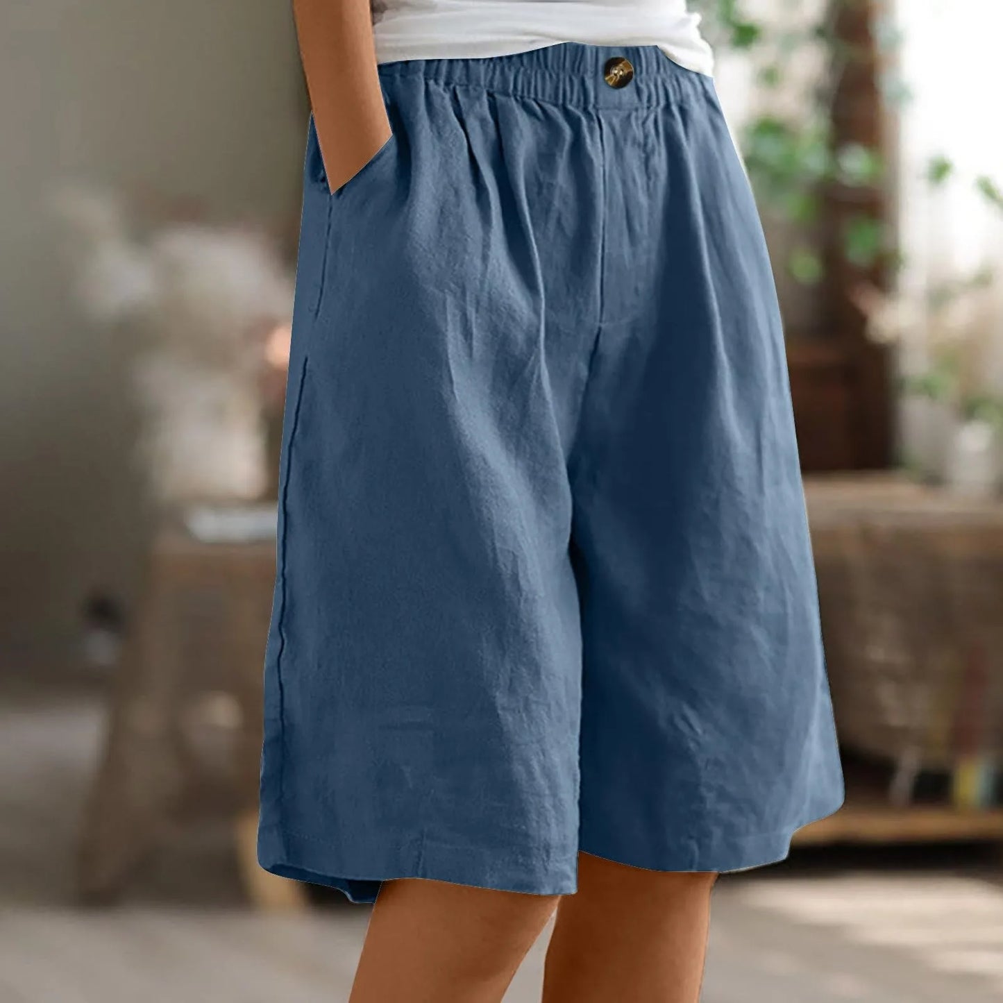 Short Long Femme Coton & Lin Taille Élastique