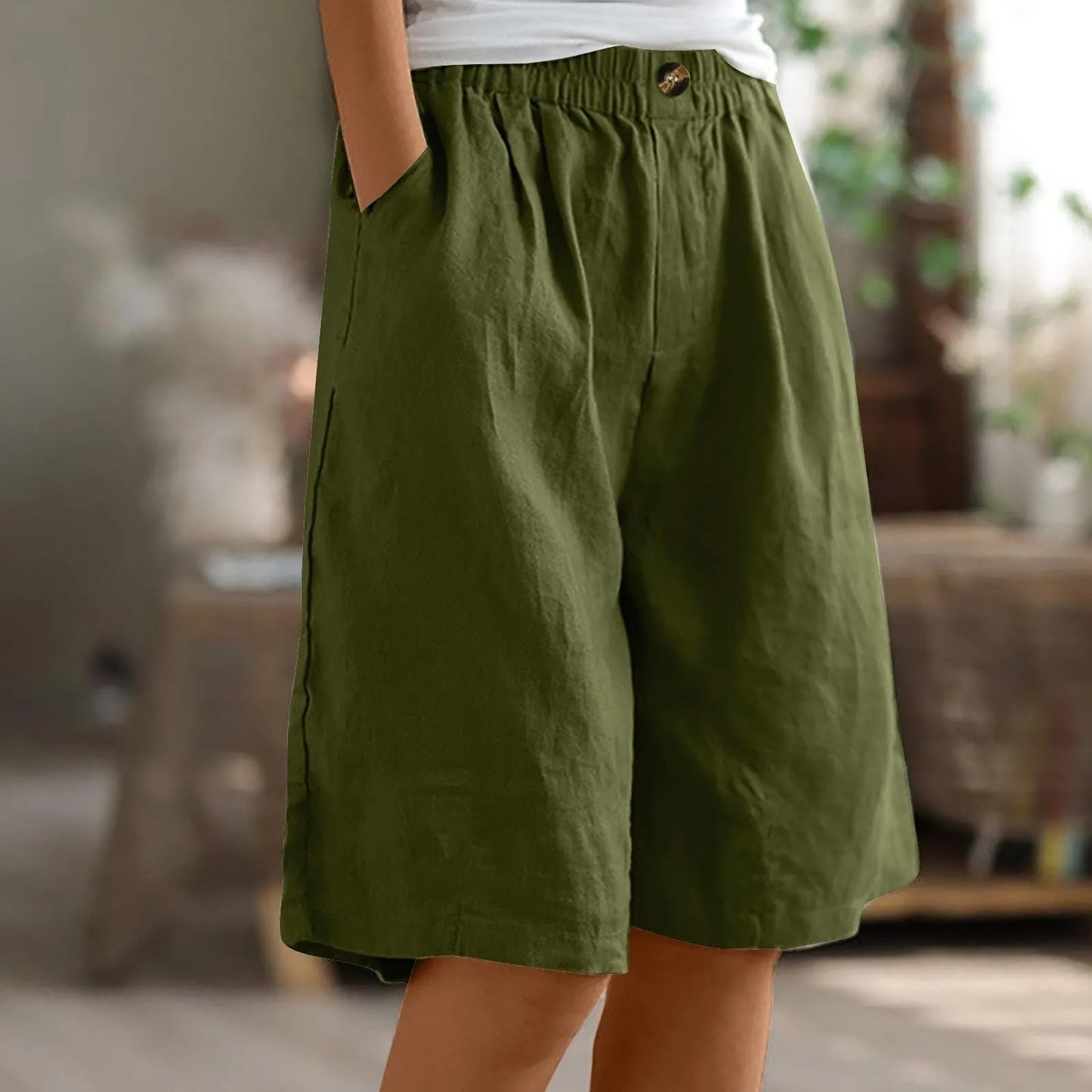 Short Long Femme Coton & Lin Taille Élastique