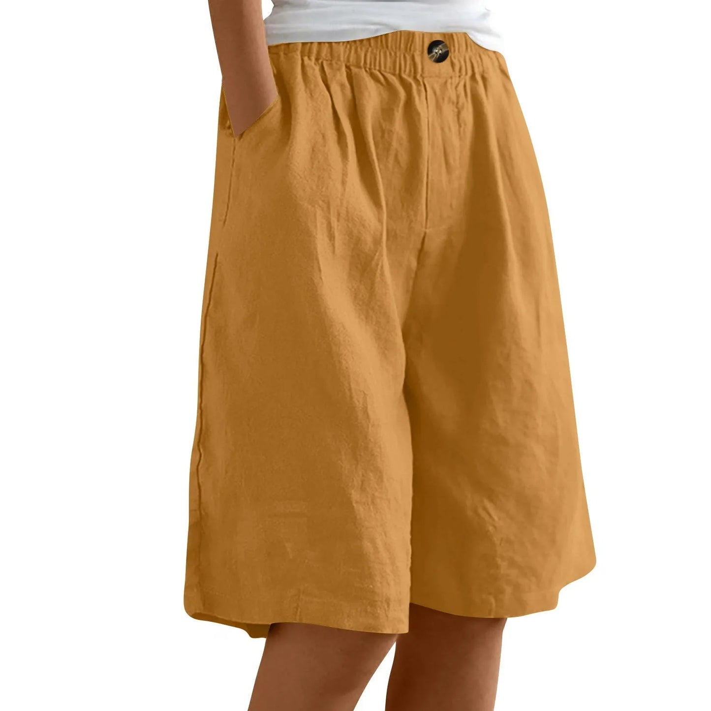Short Long Femme Coton & Lin Taille Élastique