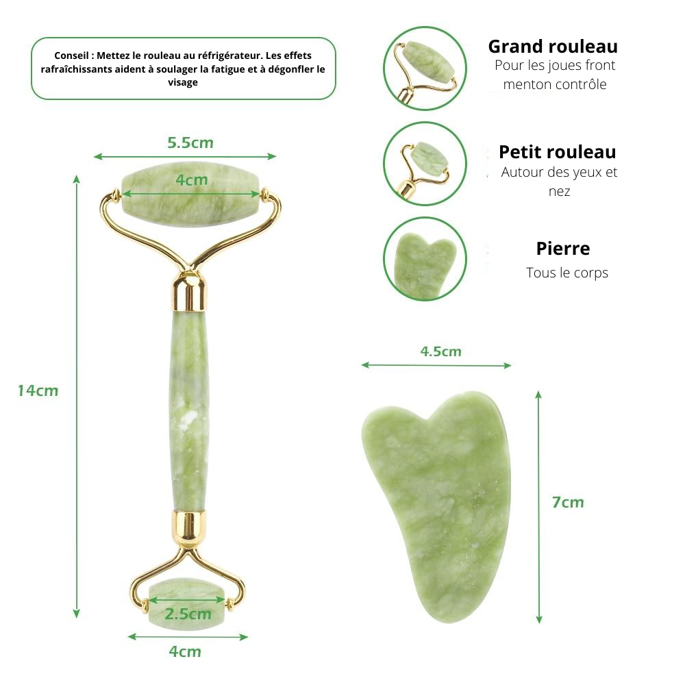Coffret complet de massage : Rouleau pierre de jade et pierre gua sha