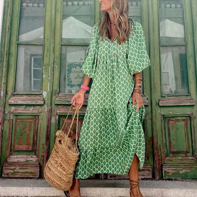 Robe longue élégante à manches bouffantes - Motifs
