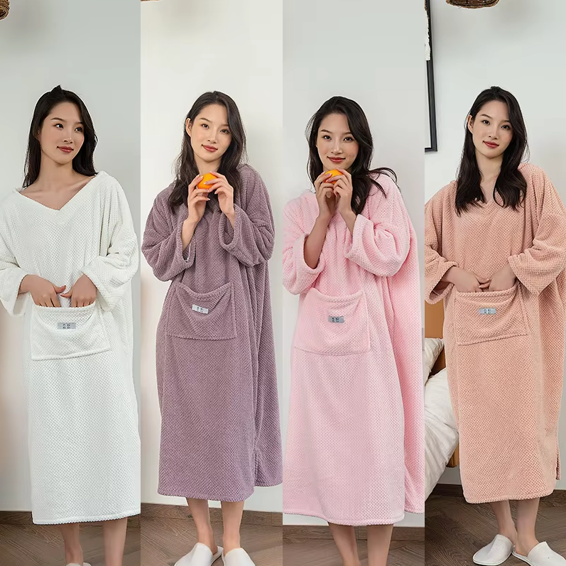 Peignoir Poncho de bain doux pour femme - Grande poche & Capuche