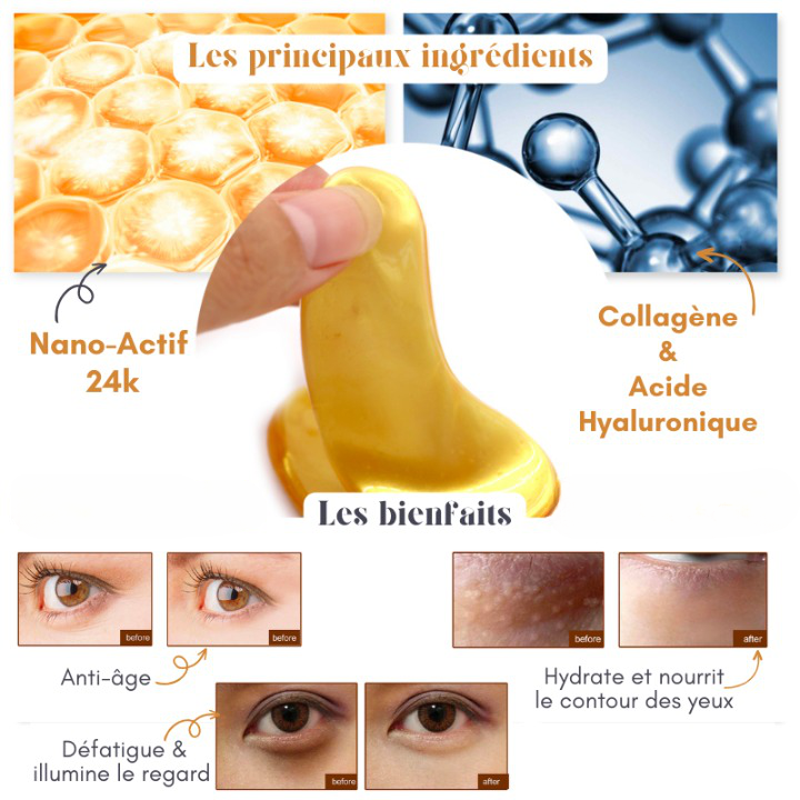20x Patchs yeux anti-cernes Or Collagène & Acide Hyaluronique