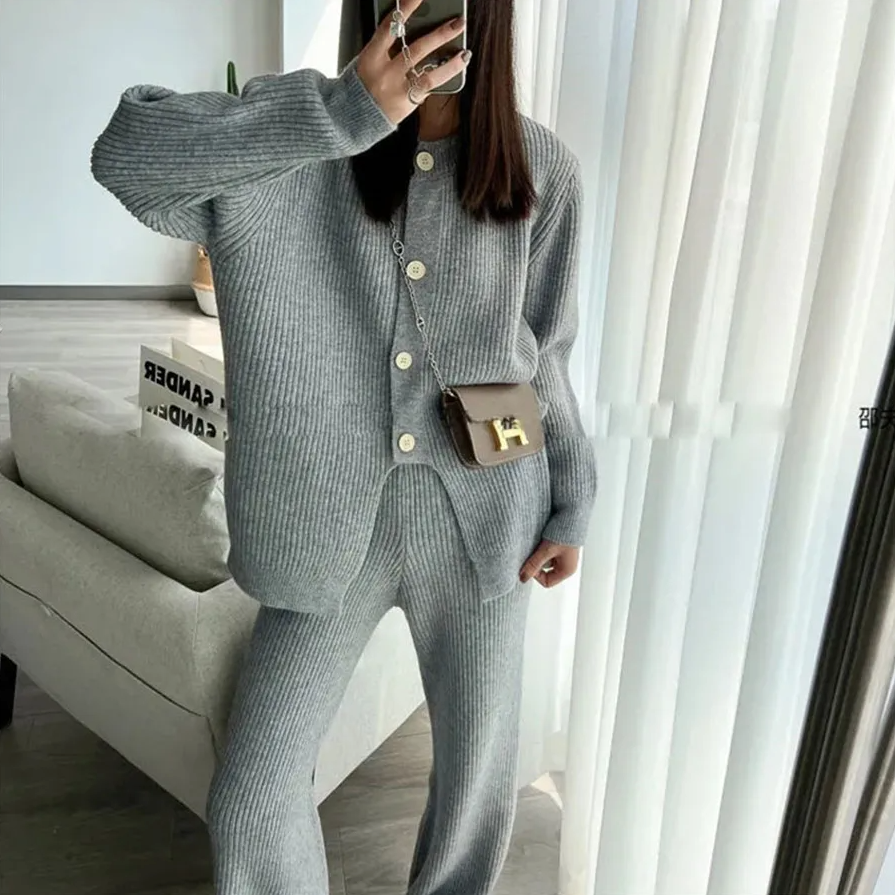 Ensemble Cardigan & Pantalon ample tricoté Élégant et Casual