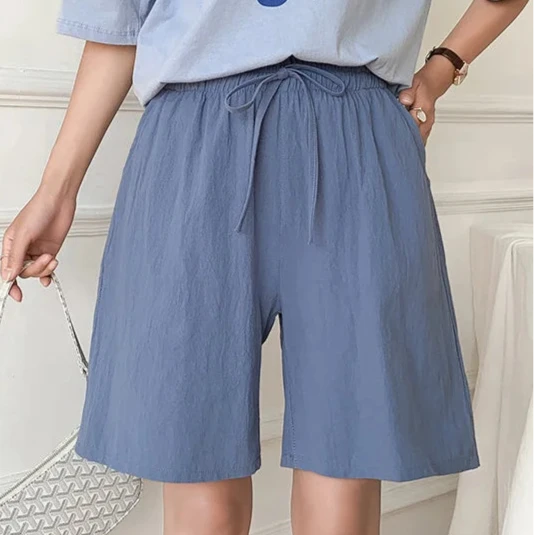 Short en Coton Ample à Taille Élastique avec Cordon
