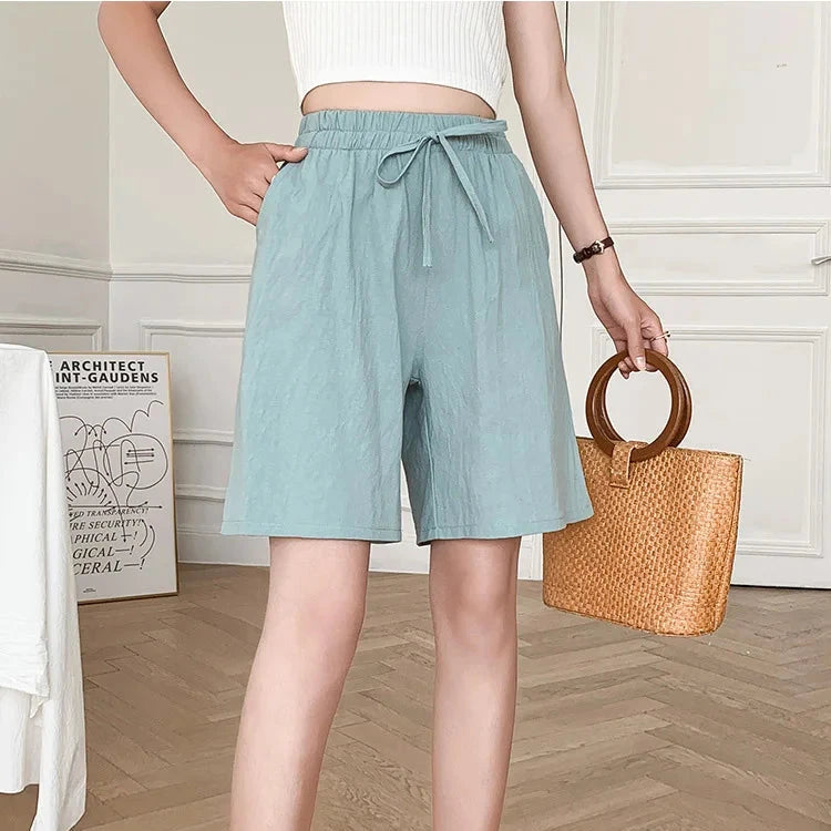Short en Coton Ample à Taille Élastique avec Cordon