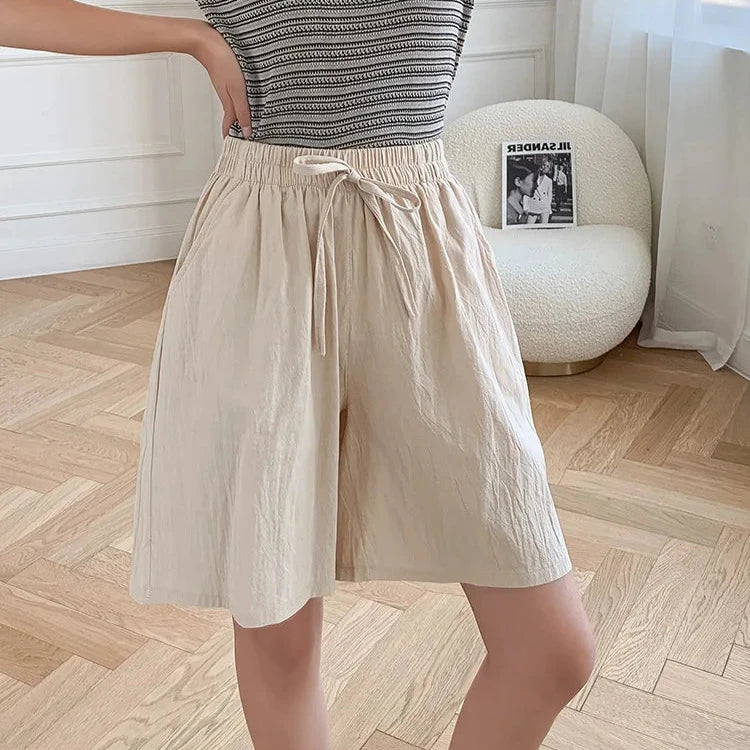 Short en Coton Ample à Taille Élastique avec Cordon