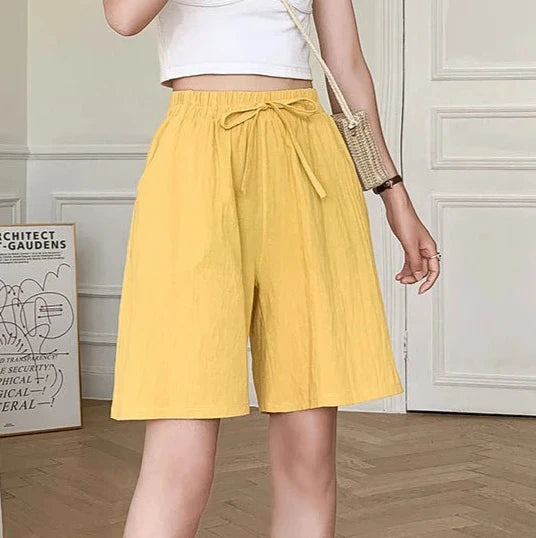 Short en Coton Ample à Taille Élastique avec Cordon