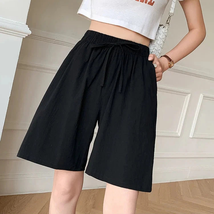 Short en Coton Ample à Taille Élastique avec Cordon