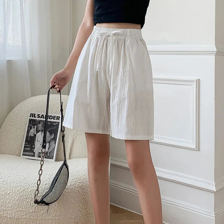 Short en Coton Ample à Taille Élastique avec Cordon