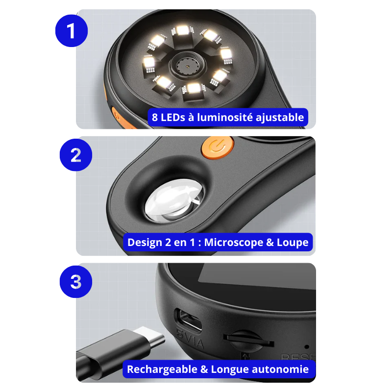 Microscope Loupe Numérique Portable 500X avec 8 LEDs Écran IPS 2 pouces