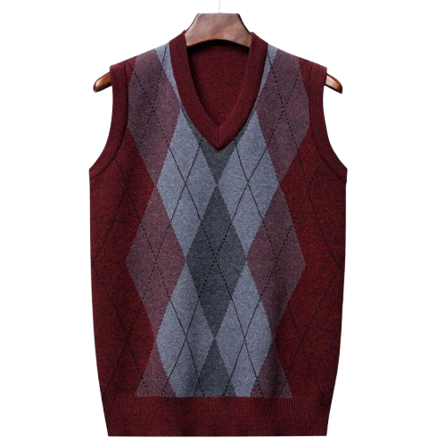 Pull sans manche col V à motif carreaux