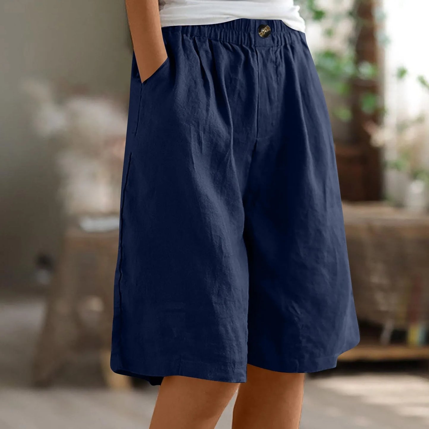 Short Long Femme Coton & Lin Taille Élastique
