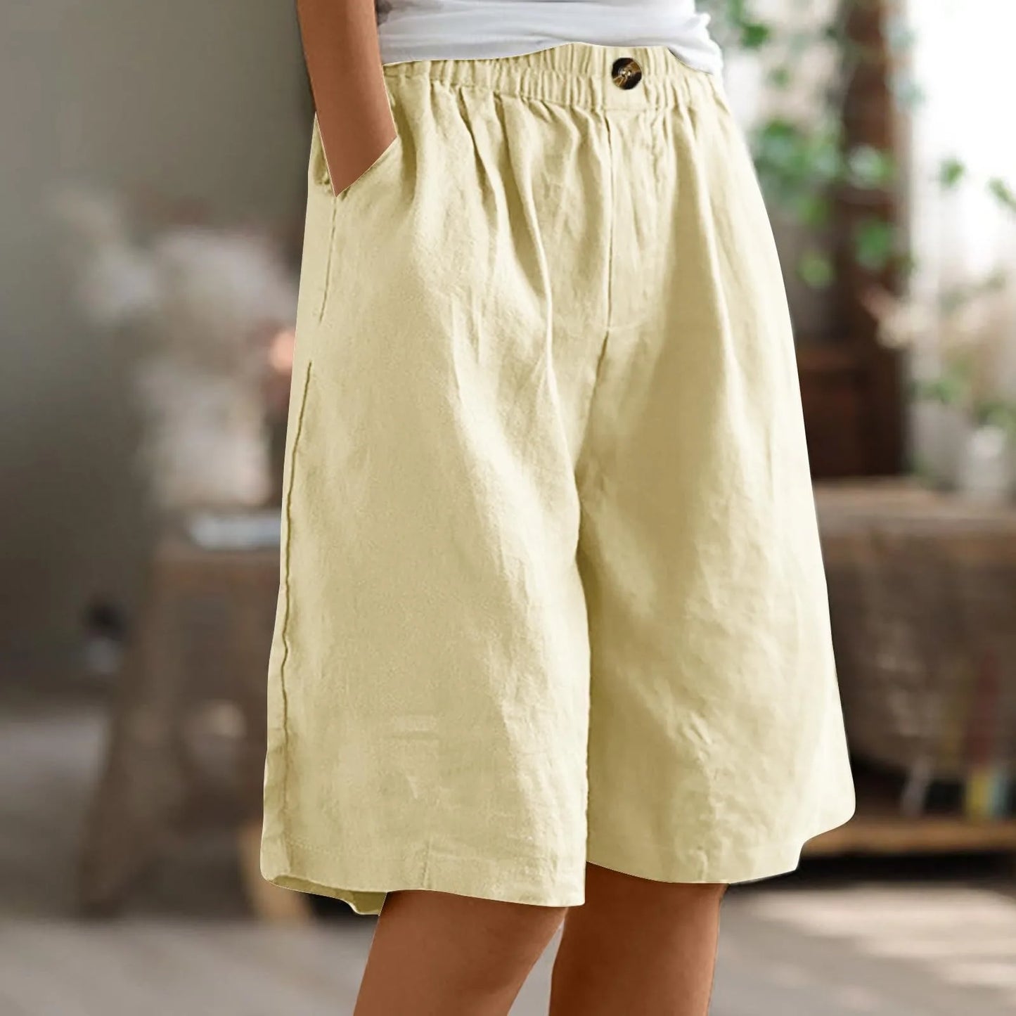 Short Long Femme Coton & Lin Taille Élastique