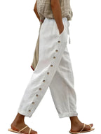 Pantalon en Lin & Coton à Taille Élastique 7/8 - Détail Bouton Longueur