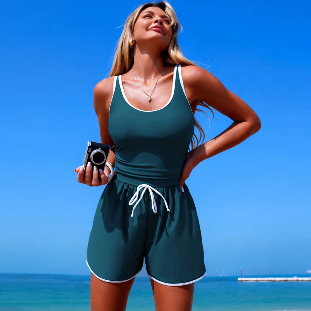 Maillot de Bain Femme 1PC Combi-Short – Style Sport Chic, Séchage Rapide et Taille Réglable