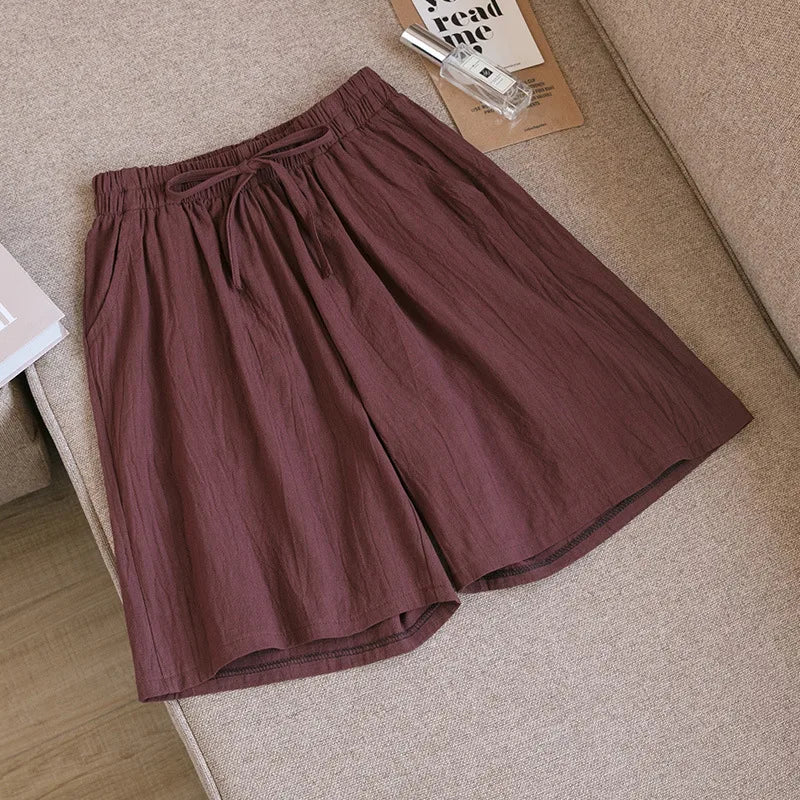 Short en Coton Ample à Taille Élastique avec Cordon