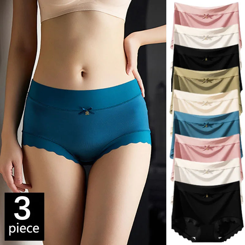 Lot de 3 Culottes en Soie Glacée Taille Haute - Bords Côtelés & Noeud