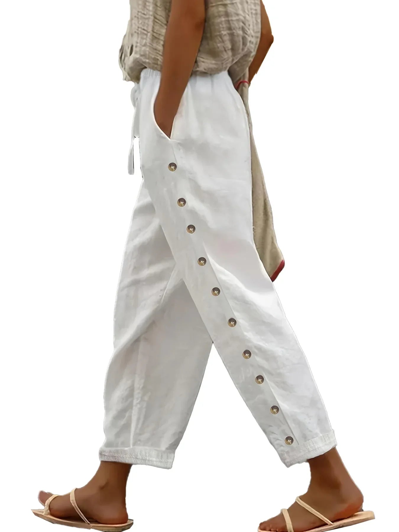 Pantalon en Lin & Coton à Taille Élastique 7/8 - Détail Bouton Longueur