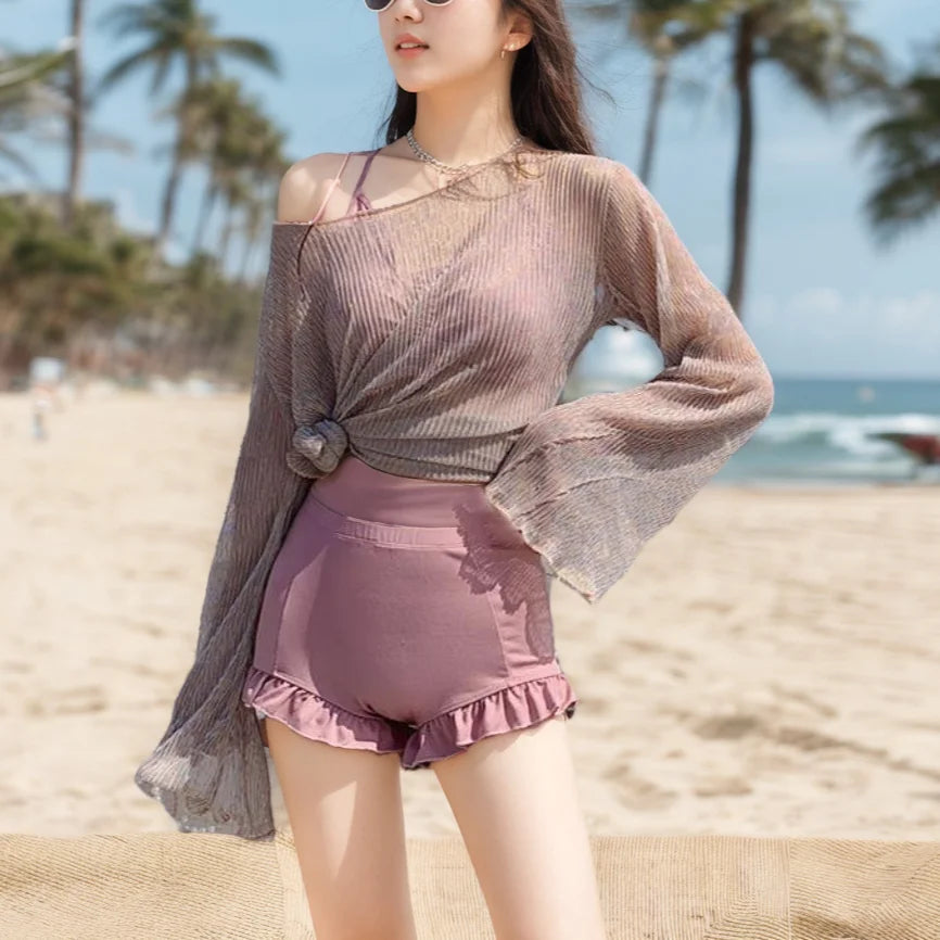 Maillot de Bain 3PC Shorty à Volant avec Top en Maille