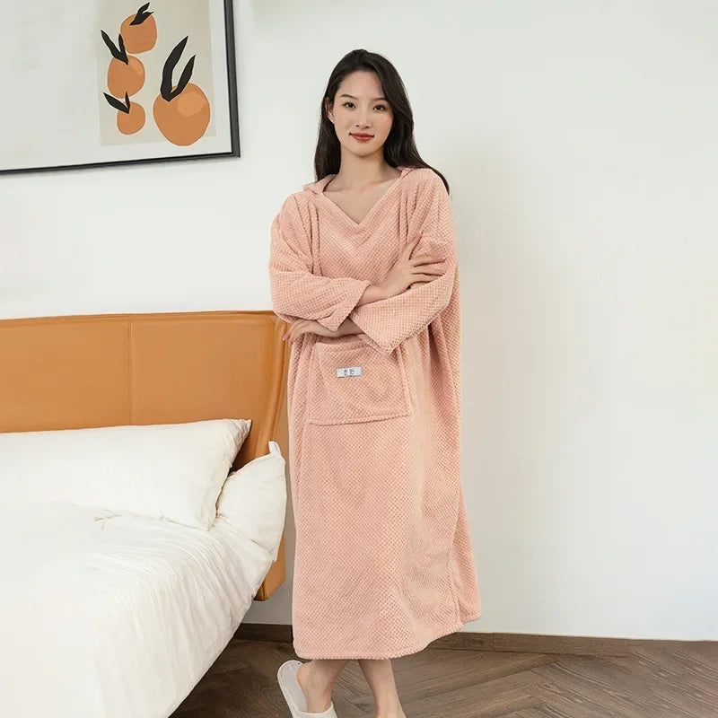 Peignoir Poncho de bain doux pour femme - Grande poche & Capuche