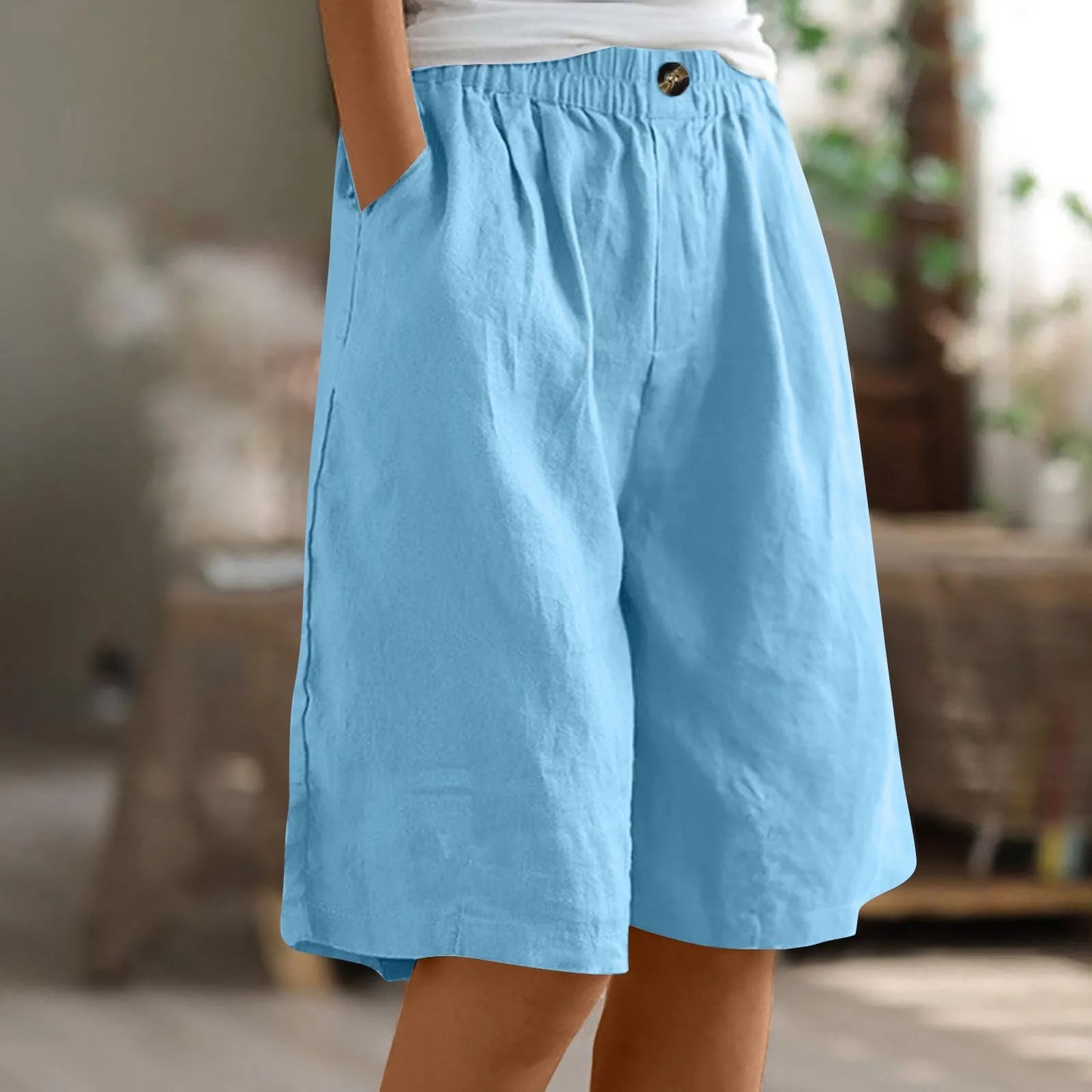 Short Long Femme Coton & Lin Taille Élastique
