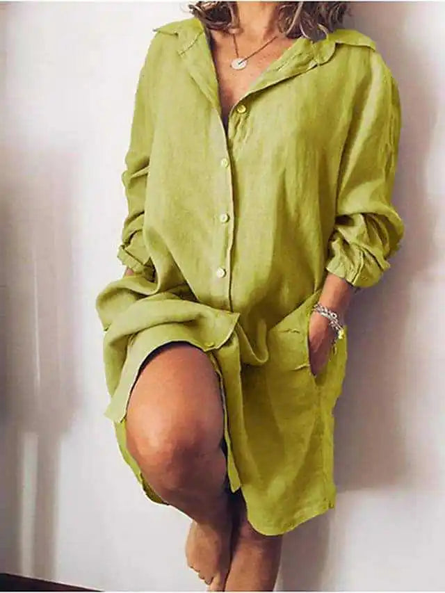 Robe Chemise Femme été - Longue En Coton/lin - Manches Courtes, Coupe Décontractée Chic - Taille Unie