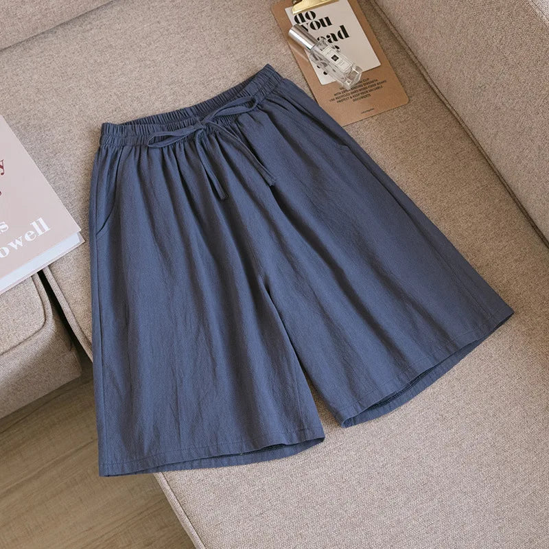 Short en Coton Ample à Taille Élastique avec Cordon