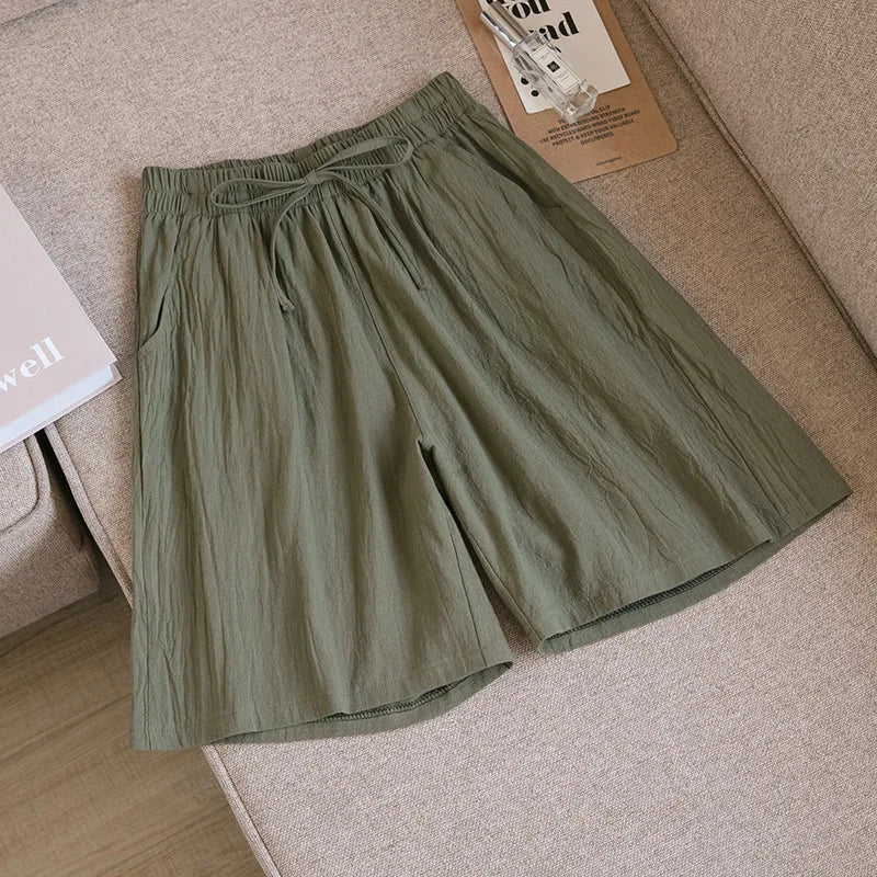 Short en Coton Ample à Taille Élastique avec Cordon