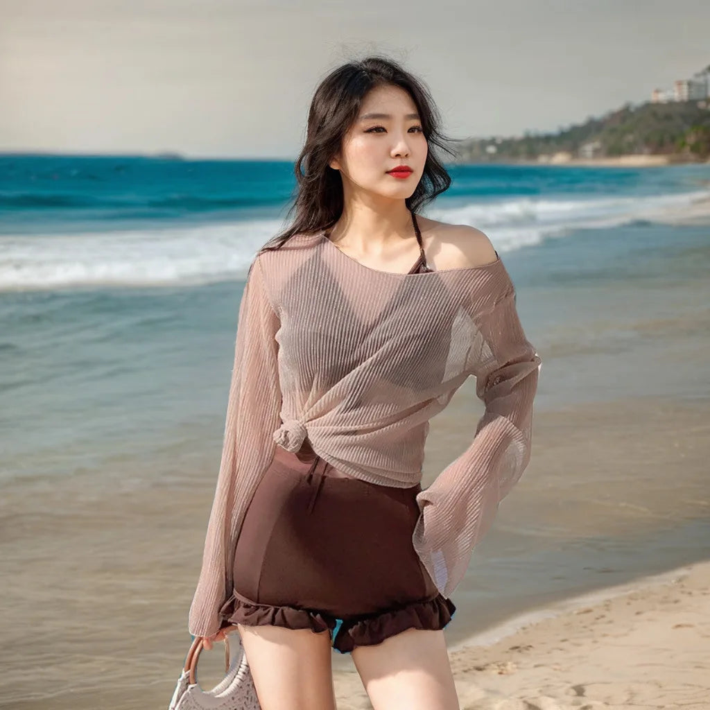 Maillot de Bain 3PC Shorty à Volant avec Top en Maille
