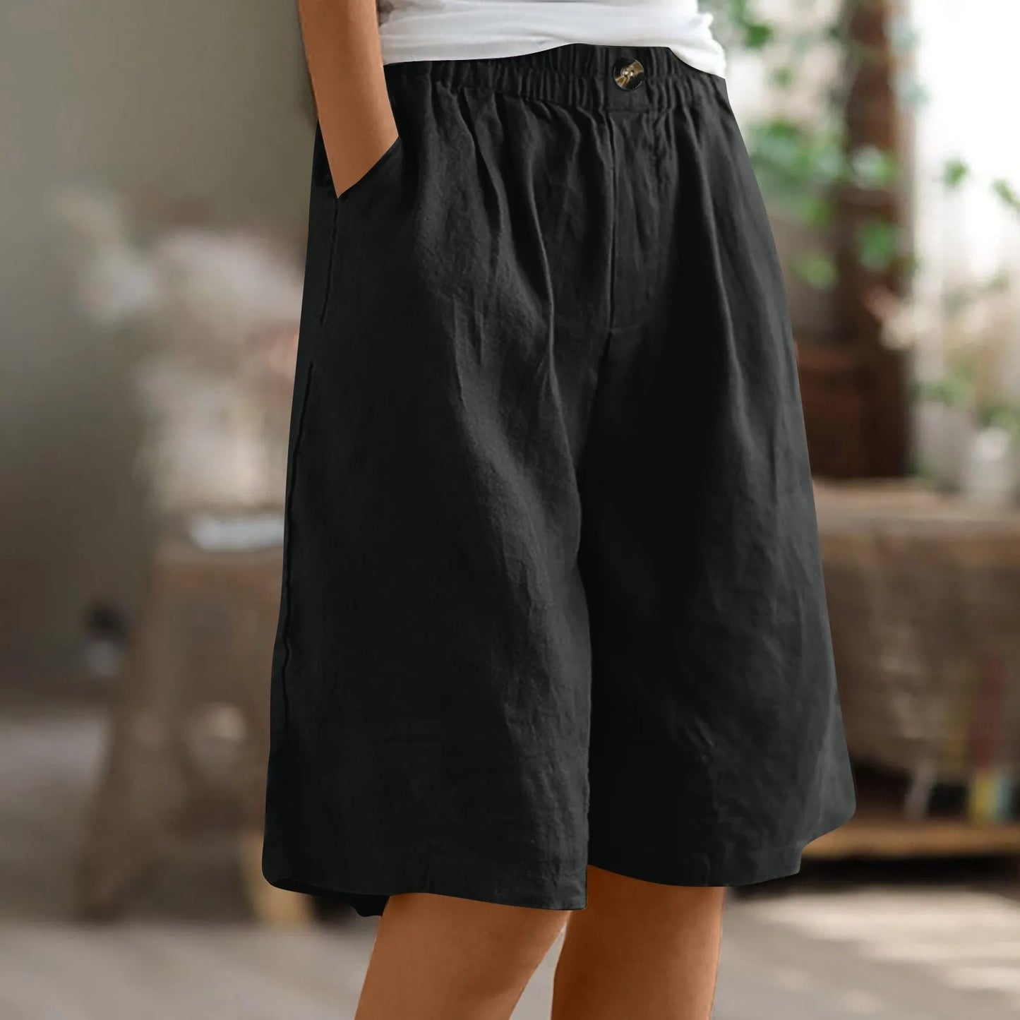 Short Long Femme Coton & Lin Taille Élastique