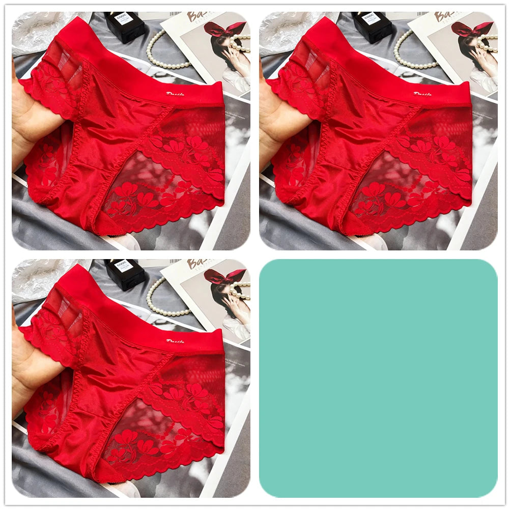 Lot de 3 Culottes Sexy en Soie Glacée et Dentelle Florale