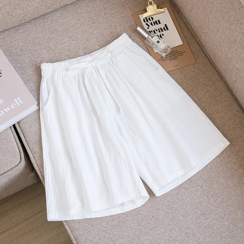 Short en Coton Ample à Taille Élastique avec Cordon