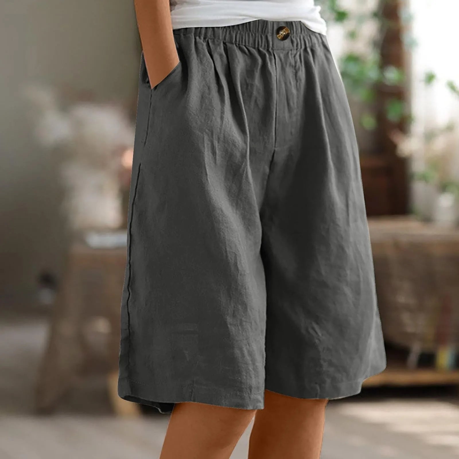 Short Long Femme Coton & Lin Taille Élastique