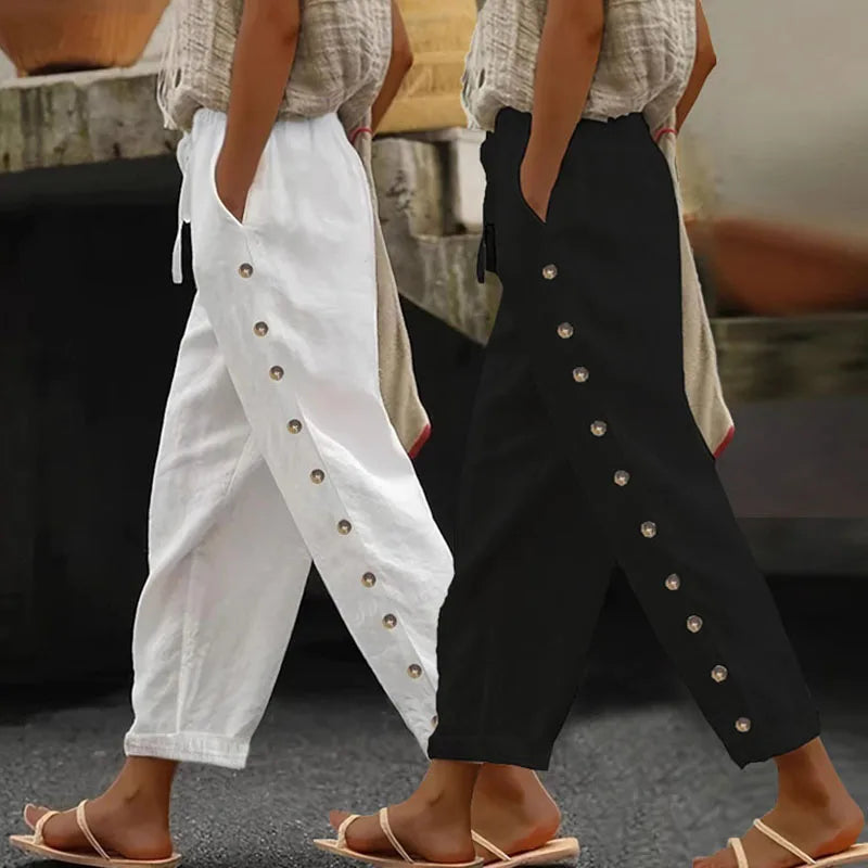 Pantalon en Lin & Coton à Taille Élastique 7/8 - Détail Bouton Longueur