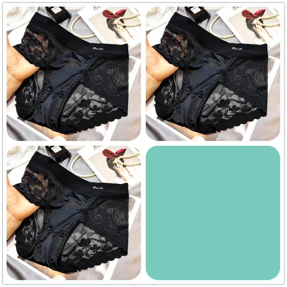 Lot de 3 Culottes Sexy en Soie Glacée et Dentelle Florale