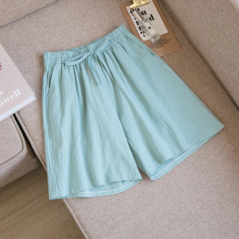 Short en Coton Ample à Taille Élastique avec Cordon