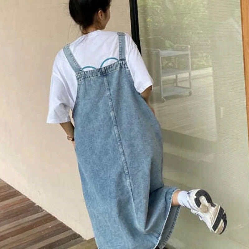 Robe Salopette en Jean Longue avec Poche Avant