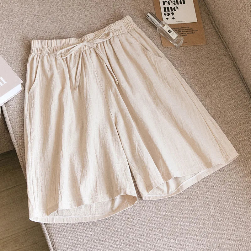 Short en Coton Ample à Taille Élastique avec Cordon