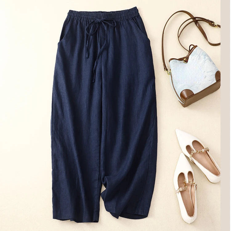 Pantalon Rétro en Coton & Lin Ample Femme - Mi-Saison