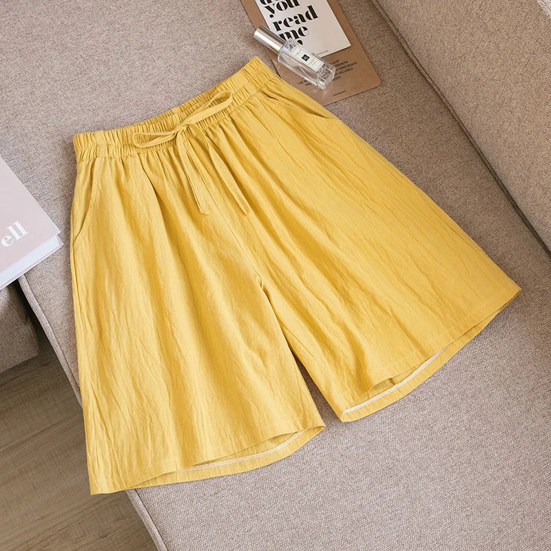 Short en Coton Ample à Taille Élastique avec Cordon